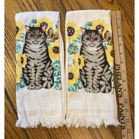Vintage NWOT Cat Sunflowers Kitchen Towels Lot Of 2 Taiwan - Picture 7 of 7